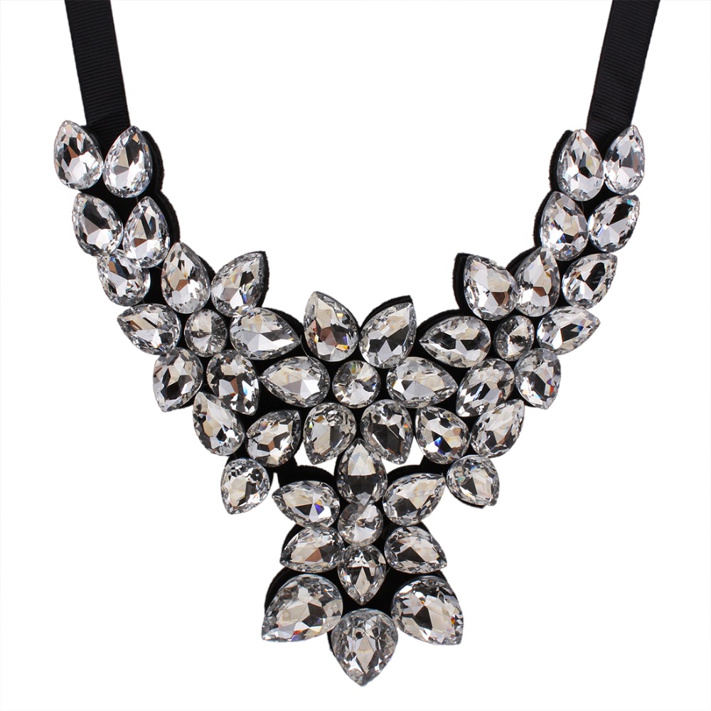  Fashion Crystal Rhinestone Flower Ribbon Power Statement Necklace Pendants Women Jewelry Gift N2530