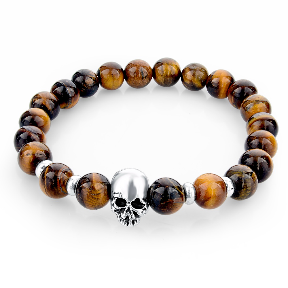 Image of Handmade Tiger Eye Natural Stone Skull Bracelets & Bangles Black Lava Beads Bracelets For Women Men Jewelry 2016 SBR150265