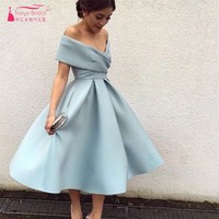 Hot Sale Vestido de Festa Evening Dress Gown Simple Elegant Sky Blue Off The Shoulder Tea