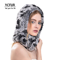 YCFUR Fashion Women Fur Hood Ring Scarves Winter 2016 Genuine Rex Rabbit Fur Scarf Winter Warm