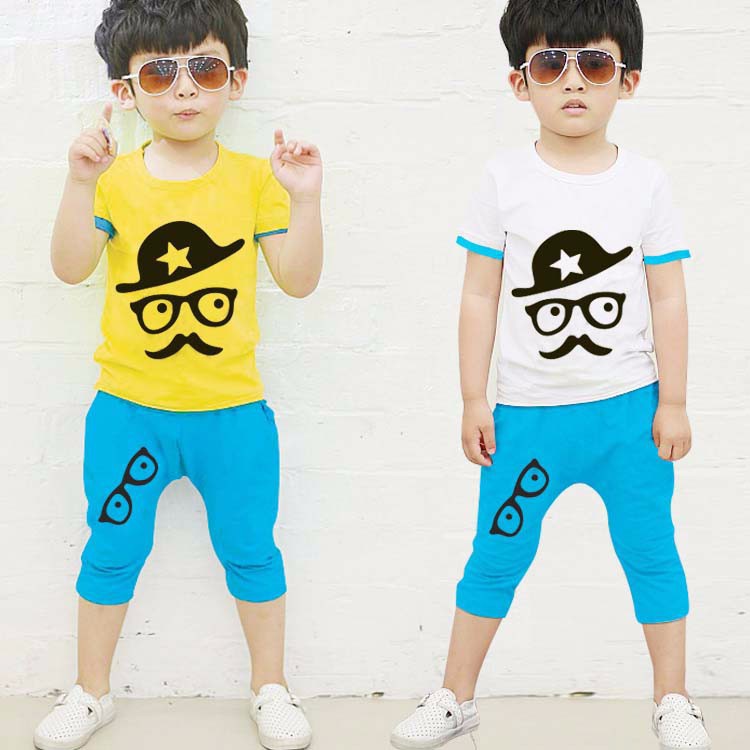new 2015 summer Boys clothing sets kid cotton casual printing short sleeve pants 2 piece children