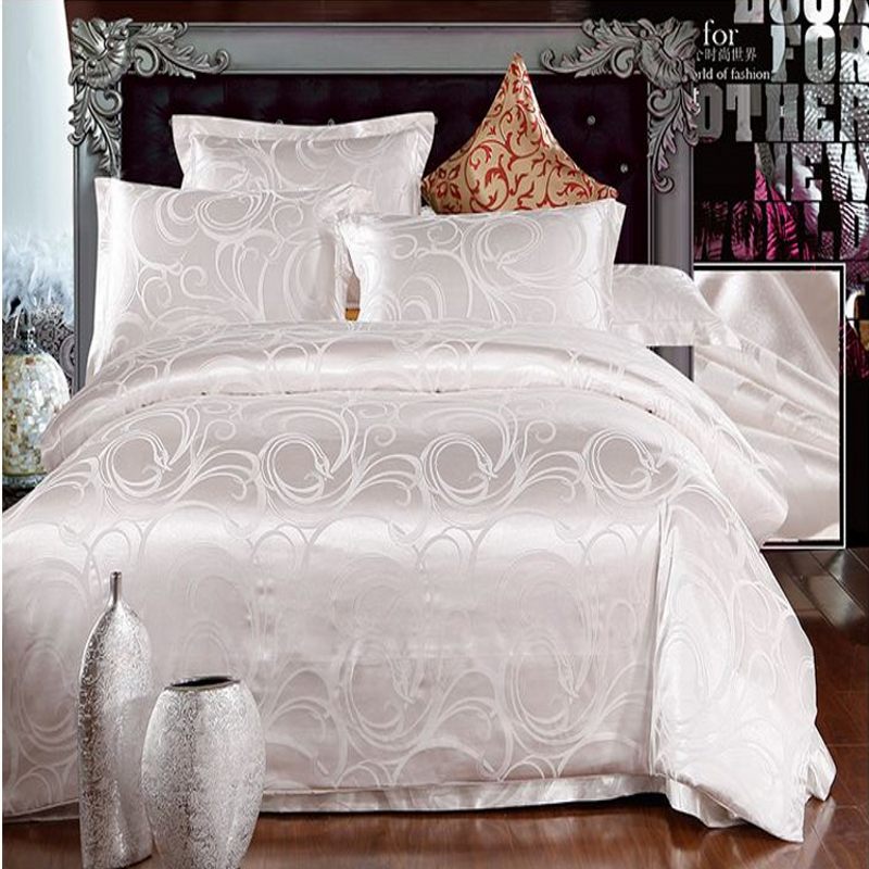 White jacquard silk cover queen king size 4pcs Satin doona bed linen