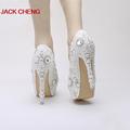 2016 NewStyle Snow White High Heels Rhinestone Crystal Dress Shoes Pearl Wedding Shoes Platform Pageant Event