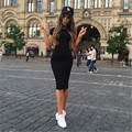 2016 Autumn Dress Cotton Long Sleeve Knee Length Midi Dress Slim Bodycon Bandage Black Wine Red