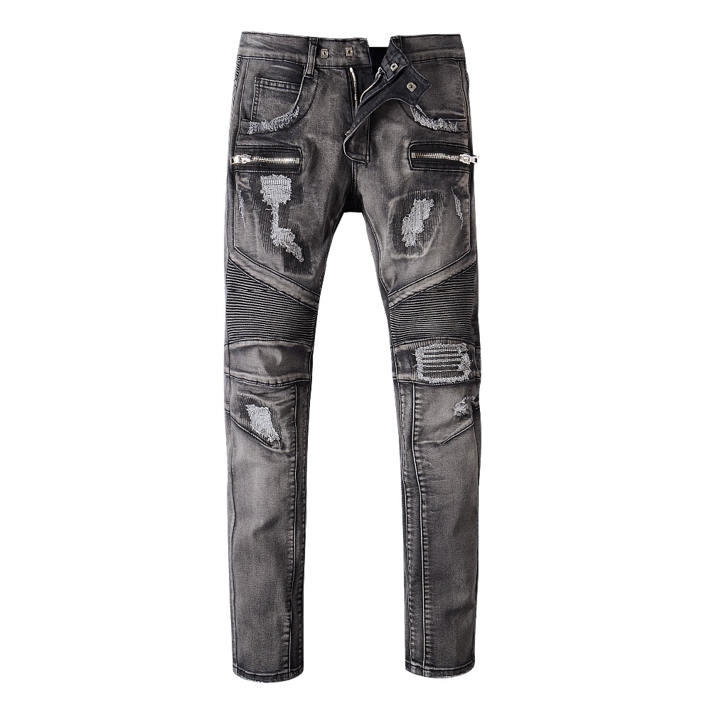Фотография Men Denim Biker Jeans Italy Brand Luxury Shiny Black Pants Young Men Clothing, Size 30 32 34 36 38