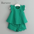 Hurave 2017 New Casual Fashion Style Girls Sets Fly Sleeve Shirt Shorts For Kids Summer Children