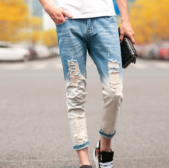 Mens fashion ripped denim jeans slim fit capris blue white gradient hip hop male distressed jeans homme