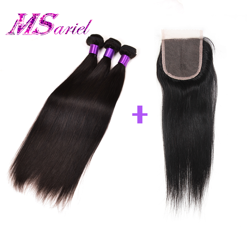 Image of Brazilian Straight Hair with Closure Brazilian Virgin Hair 3 Bundles with Closure Straight 7A Human Hair Weave With Closure