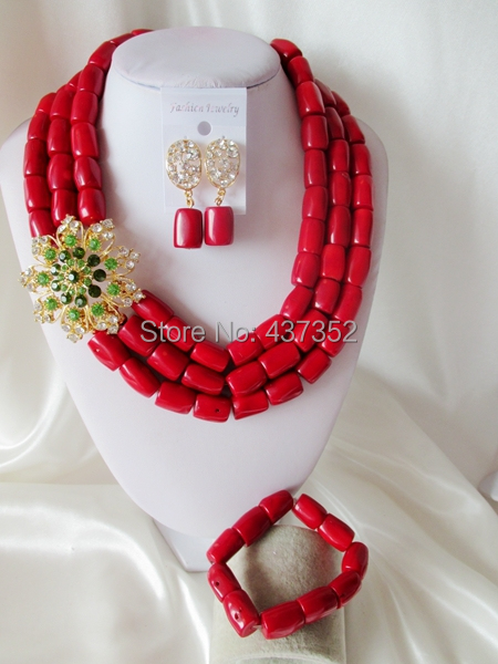 Fabulous Nigerian Wedding Coral Beads African Jewelry Set Necklace Bracelet Earrings Set Free Shipping CWS-477