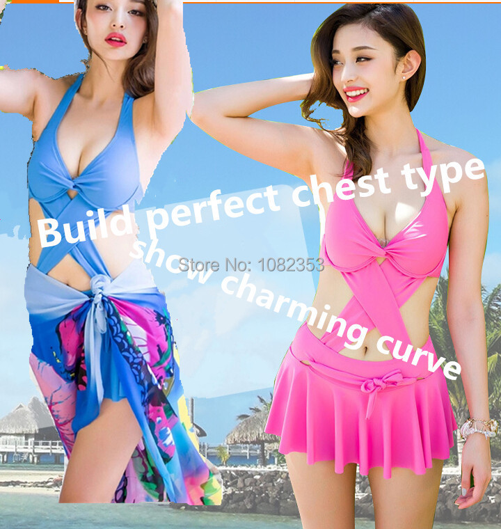 free shipping 2015 new South Korea bikini three-piece suit lady swim dress with steel gather together sexy women swimsuit