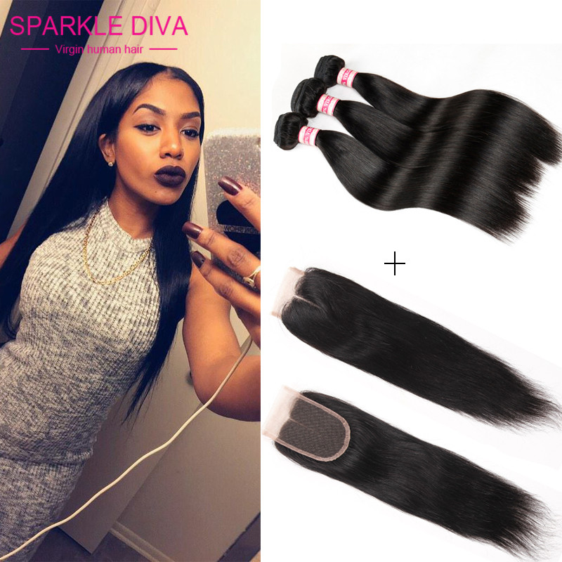 Image of Brazilian Virgin Hair Straight With Closure Grace Hair Company Products With Closure Cheap Brazilian Hair 3 Bundles And Closure