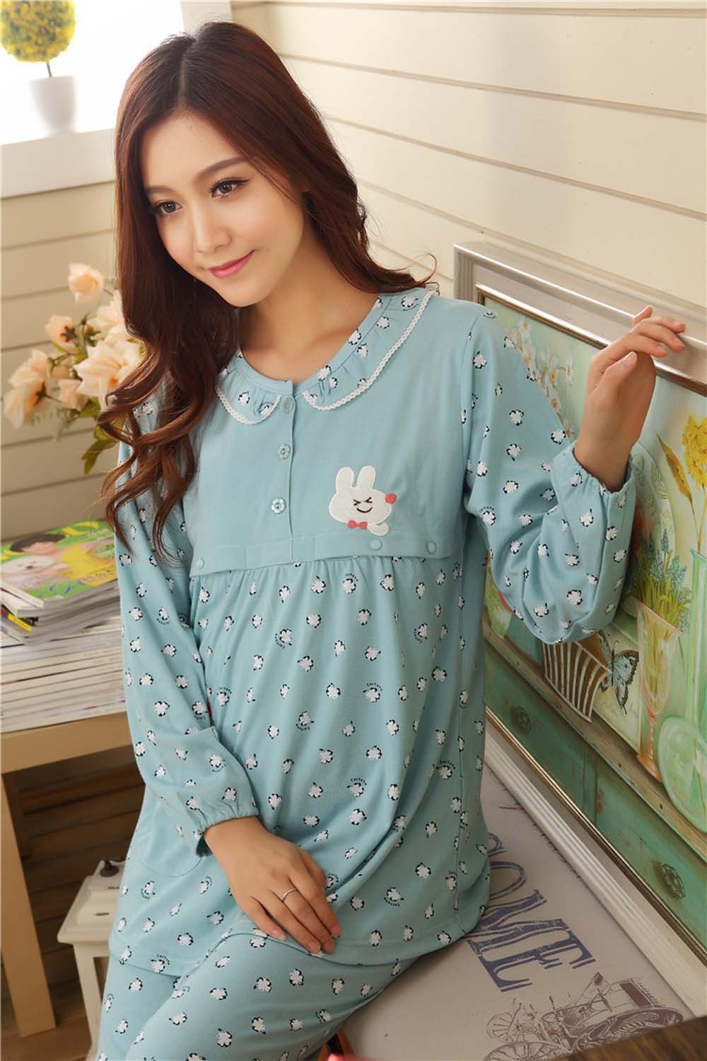 Pregnant-Woman-Pajamas-Postpartum-Breastfeeding-Month-Of-Serving-Lapel-Clothes-Long-sleeve-Sleepwear-Suits-CL0800 (9)