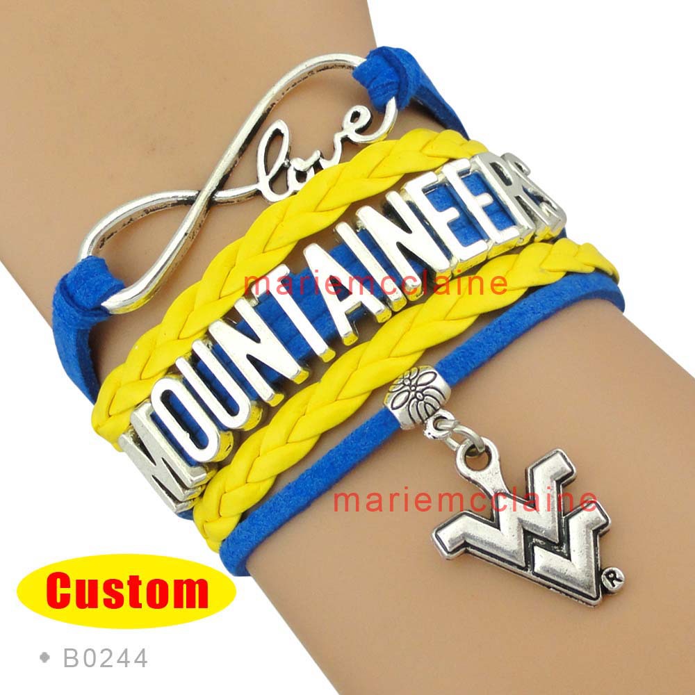 10 Pieces Lot Infinity Love NCAA West Virginia Mountaineers Sports Bracelet Blue Gold Custom Sports