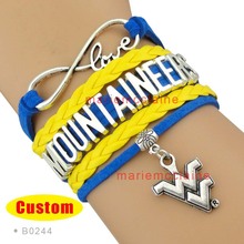 (10 Pieces/Lot) Infinity Love NCAA West Virginia Mountaineers Sports Bracelet Blue Gold Custom Sports Bracelet Drop Shipping