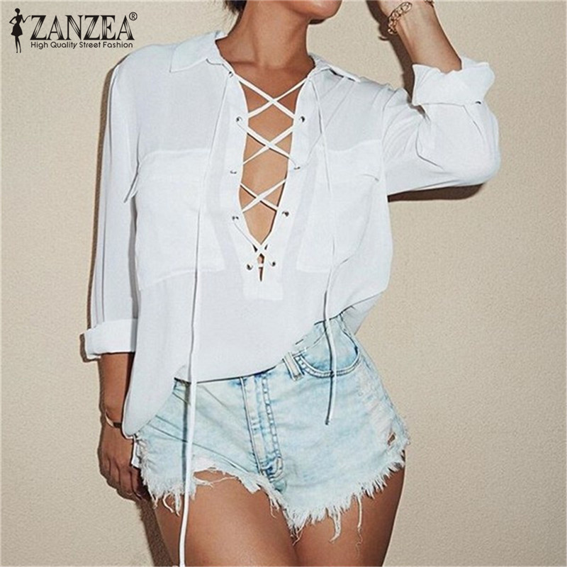 Image of Fashion Blusas Femininas 2016 Womens Turn Down Collar Front Lace Up Long Sleeve Blouse Sexy White Chiffon Shirt Tops Plus Size