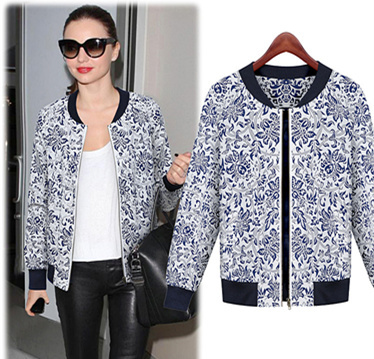 2014 Autumn new fashion women Cotton O-Neck Print Jackets Zipper  long sleeve Casual Jacket Blue outwear 4 Size