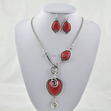 (Turquoise bead, not plastic or resin) Vintage Antique Silver Plated Water Drop RED Turquoise Necklace Earring jewelry S516-05