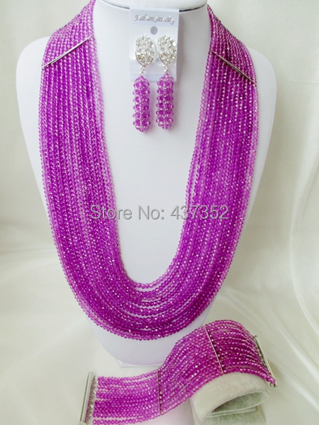 Glamorous 26'' Long 12layers Purple Crystal Nigerian African Wedding Beads Jewelry Set CPS5244