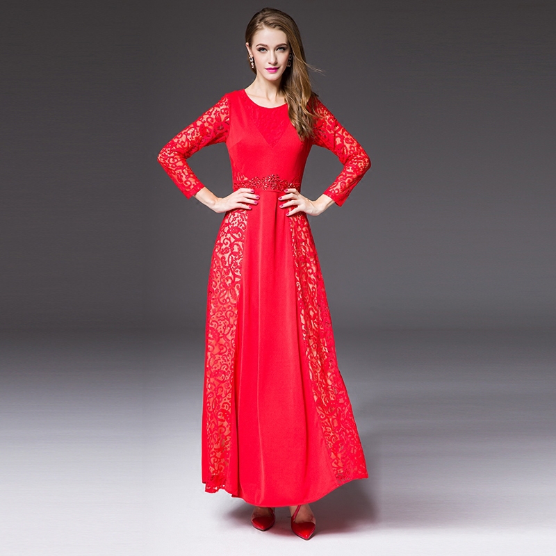 Annual Dress 2015 New Autumn Fashion Brand Full Sleeve Hollow Out Beading Slim Maxi Red / Black Dress