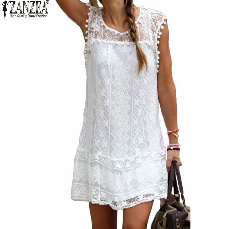 Image of Summer Dress Zanzea 2016 Sexy Women Casual Sleeveless Beach Short Dress Tassel Solid White Mini Lace Dress Vestidos Plus Size
