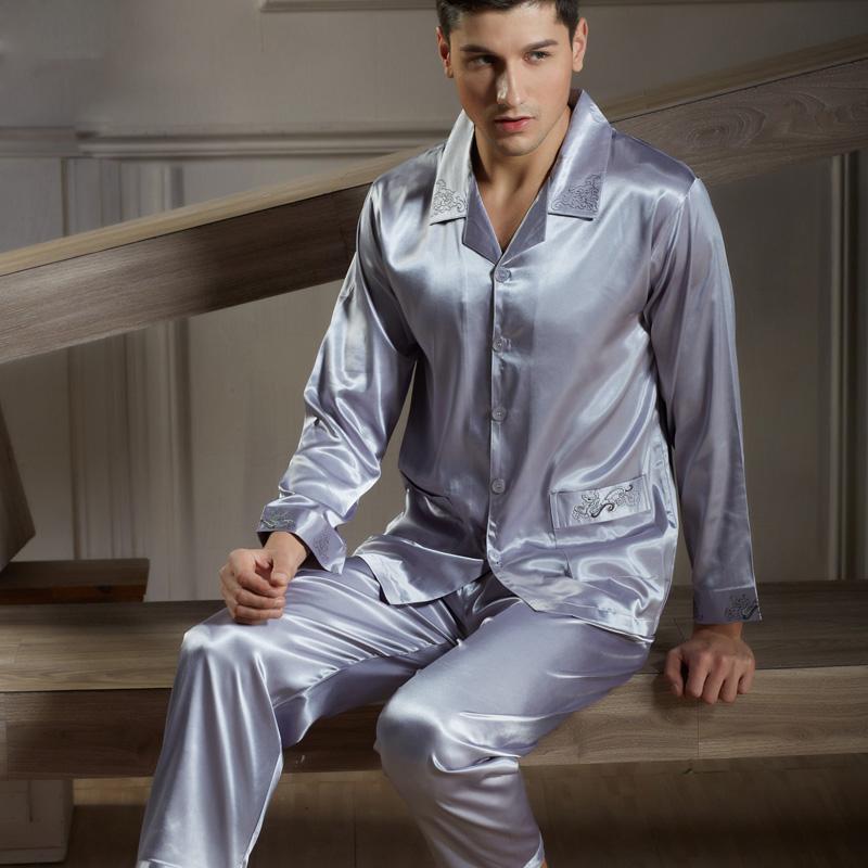 New Listing Summer Men Pajamas Emulation Silk Button Pyjama Full Sleeve Mal...
