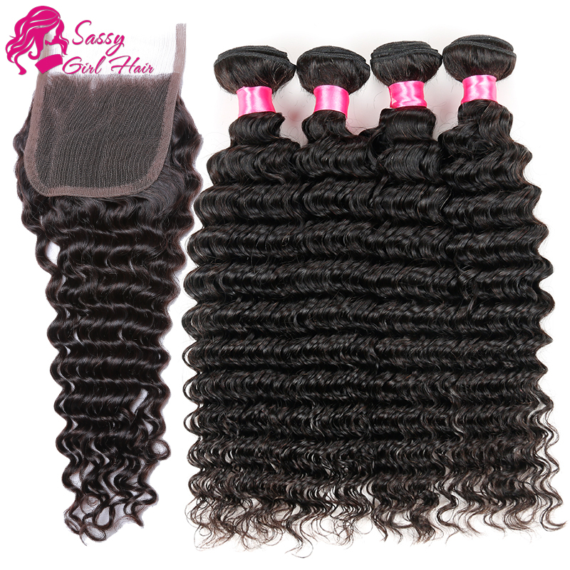 Image of 7a Peruvian Deep Wave With Closure Puruvian Hair 4 Bundles With Closure Cheap Human Hair With Closure Piece