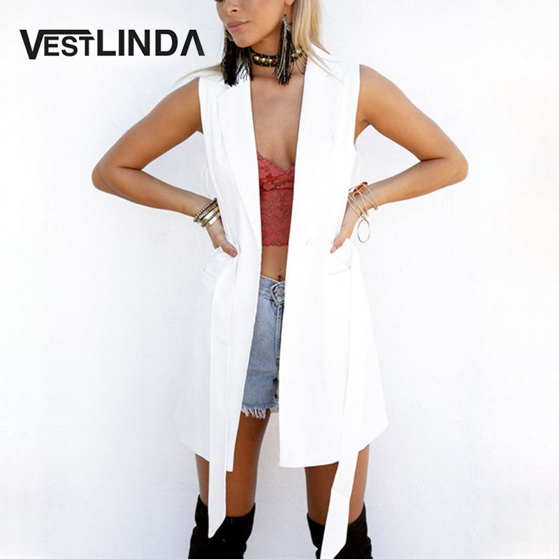 VESTLINDA White Long Blazer Vest Coat Ladies Casual Outwear Cardigan Waistcoat Women Sleeveless Jacket Female Vest with Belt 1