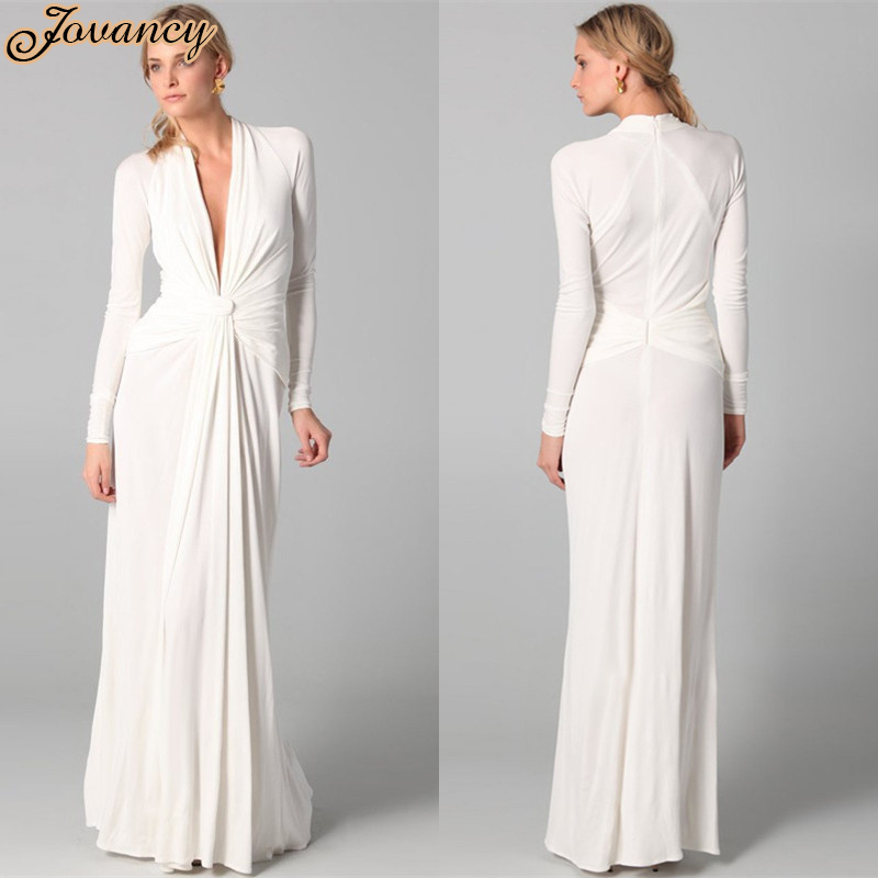 Modest Long White High Neck Long Sleeve Ruffle Chiffon Women Evening Dresses