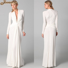 Modest Long White High Neck Long Sleeve Ruffle Chiffon Women Evening Dresses