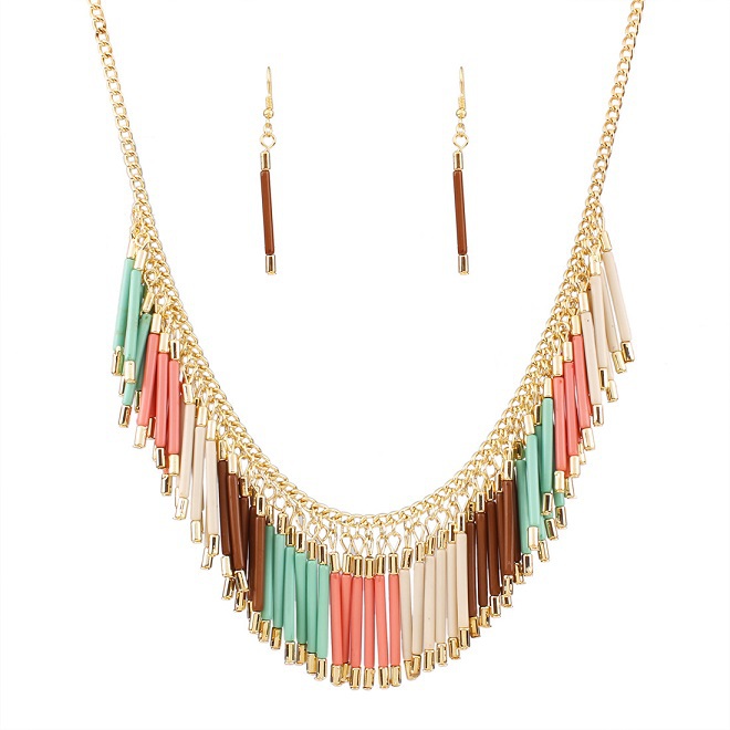 Image of New Fashion Charm Jewelry Set Pendant Chain Resin Tassel Choker Statement Bib Necklace Earrings Four Colors Wholesale N32551