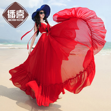 BOSHOW Brand 2015 New Women Novelty Original Design Sexy Red Spaghetti Strap Deep V-neck Chiffon Bohemian Beach Vacation Dress
