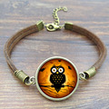 Vintage Owl Glass Bracelets Bangles Antique Brown Rope Charm Bracelets for Women Men Gift