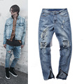 FASHION 2016 Mens BRAND Skinny Ripped Jeans Blue Distroyed Hole Ankle Zipper Pencil Jeans KANYE WEST