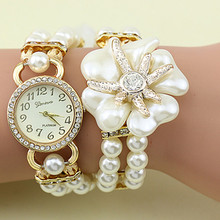 Hot sale luxury with resin white pearl bracelet flower pendant quartz watch women dress watch montre 2015 female feminine clock