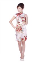 Holiday Sale White Women’s Satin Polyester Cheongsam Mini Sexy Qipao Top Chinese Senior Dress Floral Size S M L XL XXL S010-A