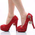 Handmade Wedding Shoes Red Pearl and Rhinestone Bride Shoes Round Toe Platform Women Party Prom High