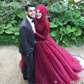 New Arrival OWD801 Burgundy Lace Tulle With Hijab High Neck Muslim Long Sleeve Evening Dresses 2016