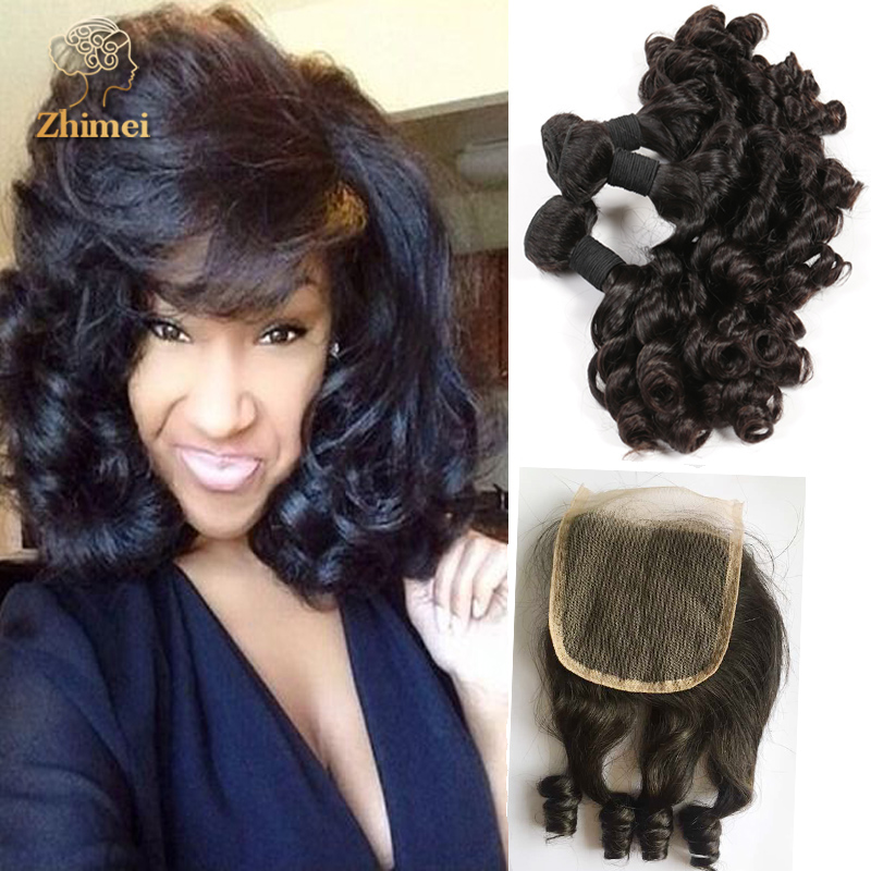 Grade 7a Unprocessed  Brazilian Aunty Funmi Virgin Hair 3 Bundles With Closure Bouncy Curls Human hair weave with lace closure