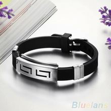 Men’s Black Punk Rubber Stainless Steel Wristband Clasp Cuff Bangle Bracelet