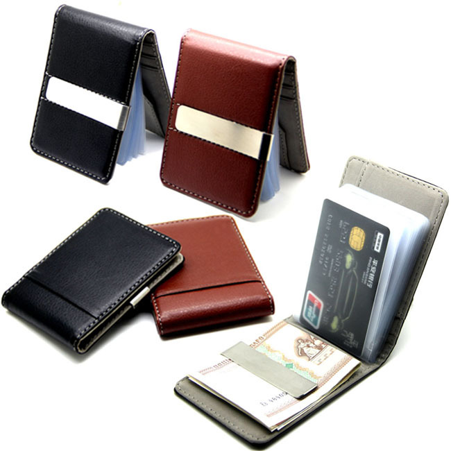 Image of Fashion 2Colors Black Brwon Men Slim Money Clip Leather Billfold Stainless Steel Clips Luxury Men Wallets 15 Card slot