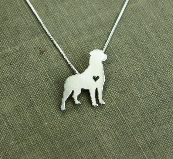 Rottweiler necklace, sterling silver hand cut pendant with heart, tiny dog breed jewelry