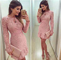 Women 2016 Autumn Fashion Sexy lace Party Dresses Fall Long Sleeve Pink Mini Dress Brasil Vestidos
