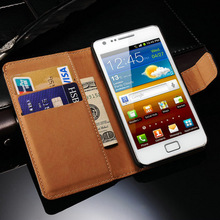 Luxury S2 Wallet Stand Design Genuine Leather Case for Samsung Galaxy S2 I9100 SII with Card Holder Black Drop Ship