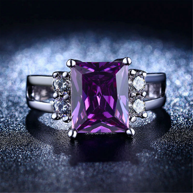 New Fashion Rings For Women 2016 purple Amethyst Rectangular big stone white gold plated rings for w
