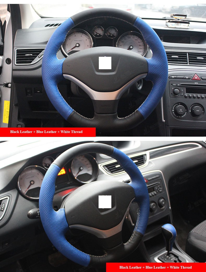 for Peugeot 308 Blue Black Leather Steering Wheel Cover