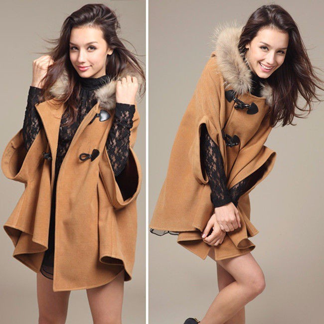 Faux Fur Shawl Wool Hooded Poncho