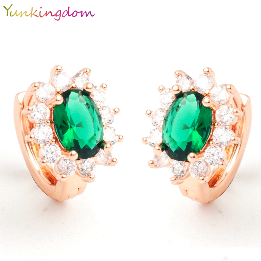 Image of Yunkingdom High quality Green CZ diamond crystal earring 18 k rose gold plated Classic Wedding hoop earrings for women H2008