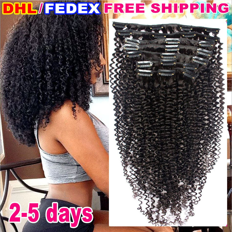 Image of African American Clip in Human Hair extension Full Head 7A Brazilian Virgin Hair afro Kinky Curly Clip in extension black women