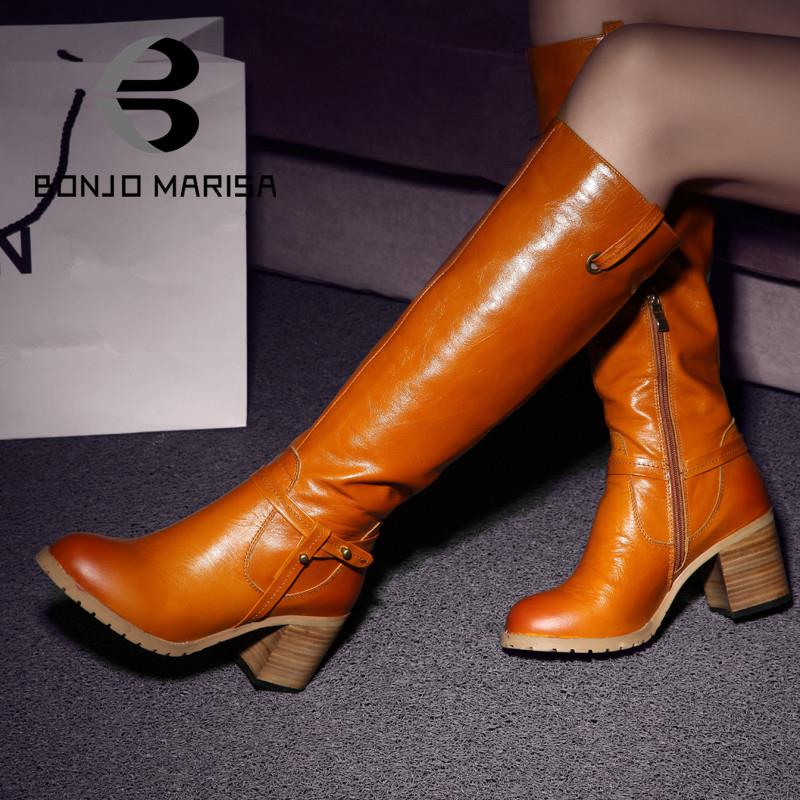 Фотография 2015 Fashion Women Genuine Leather & Microfiber Heel Platform Shoes Knee High Winter Boots Cow Leather Boots for Women Shoes