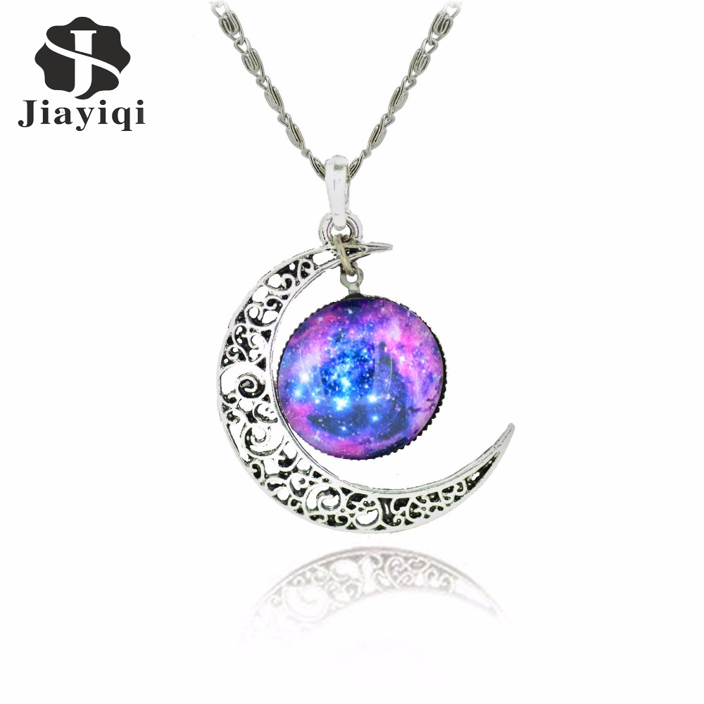 Image of Brand Silver Color Jewelry Fashion Moon Statement Necklace Glass Galaxy Collares Necklace&Pendants Maxi Necklace for Women